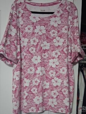 Blair Pink & White Floral Roll-Sleeve Tunic Top Sz 2X $19